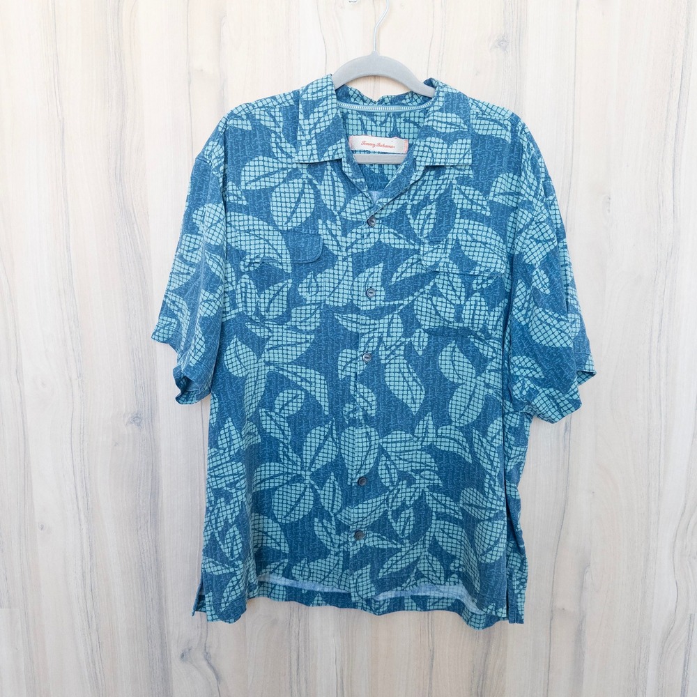 Tommy Bahama Men Silk Shirt XL Blue Tropical Leaf Print Button Down Short Sleeve